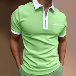 Men's slim fit green polo shirt with zipper lapel and white contrast trim