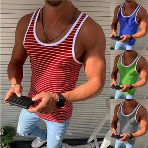 Men's Striped Athletic Tank Top Polyester Breathable Running Gym Sleeveless Shirt Casual Loose Sport Vest With Contrast Binding