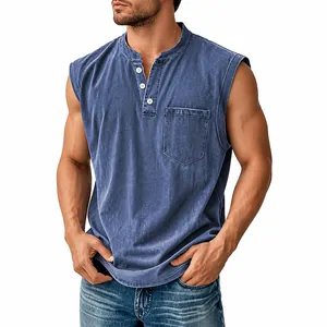 Detail of men's blue Henley sleeveless vest with button placket and functional chest pocket