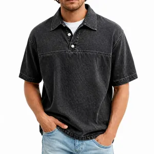 Vintage gewaschenes dunkelgraues Kurzarm-Poloshirt für Herren mit klassischem Reverskragen.