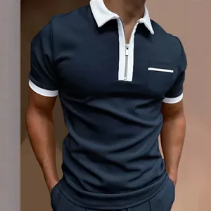 Slim fit men's navy polo shirt with white contrast zipper collar and chest pocket