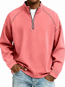 Vintage washed pink cotton half-zip long sleeve polo shirt for men in casual retro style