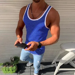 Detailed view of blue and white striped slim fit men's tank top for running and gym