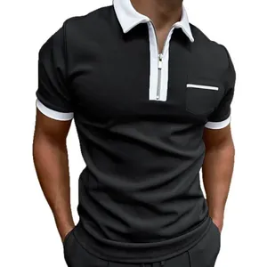 Men's slim fit black polo shirt with white contrast collar and zipper pocket detail.