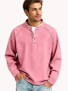 Premium vintage washed cotton Henley shirt for men in faded pink with long sleeves