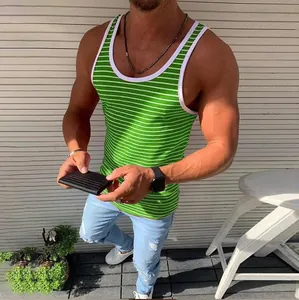 Slim fit green and white striped men's tank top for athletic and casual gym wear