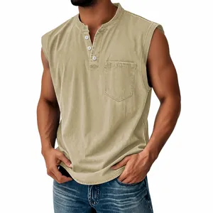 Macro view of khaki men's Henley sleeveless vest with pocket and white buttons