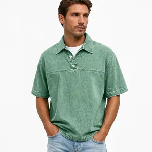Klassisches Herren Vintage Polo-Shirt kurzarm in gewaschenem Grün mit Knopfleiste