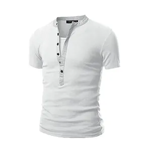 Detailed close-up of men's slim fit white Henley T-shirt with grey patchwork collar