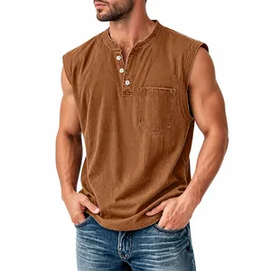 Detailed view of a brown men's Henley sleeveless tank top with three buttons and pocket