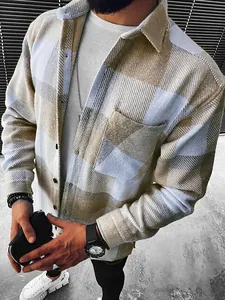Camisa informal de cuadros para hombre de manga larga con bolsillo en azul y beige