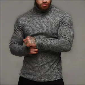 Men's slim fit high neck knitted long sleeve t-shirt in grey for autumn winter