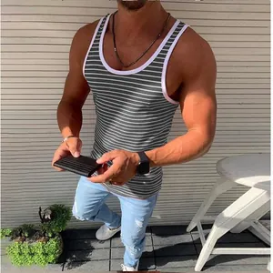 Detailed view of men's striped fitness tank top with white trim