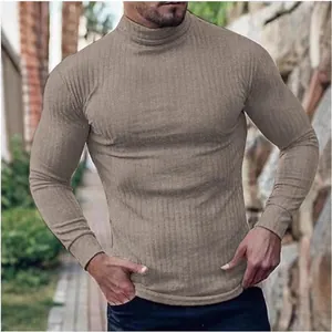 Men's slim-fit high-neck long-sleeve knitted T-shirt with ribbed texture in khaki
