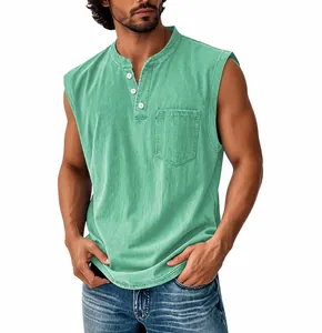 Macro view of men's mint green sleeveless Henley tank top with buttoned neck and pocket