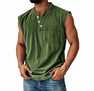 Close-up of men's army green sleeveless Henley shirt with buttons and chest pocket.