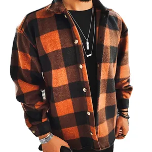 Classic men's orange and black buffalo plaid long-sleeve flannel shirt