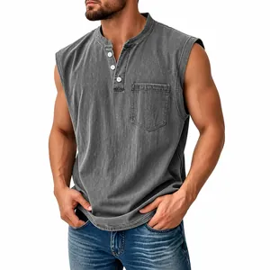 Macro detail of men's gray sleeveless Henley shirt featuring three buttons and chest pocket