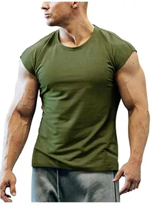 Detailed view of an olive green slim fit men's sleeveless muscle tee for gym and fitness training