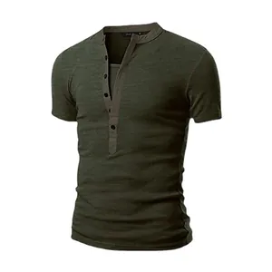 Slim fit men's olive green Henley T-shirt featuring contrasting patchwork collar detail