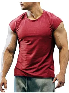 Detail view of a men's muscle fit red sports t-shirt on a model with athletic build