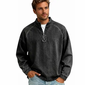 Men's vintage washed black cotton half-zip henley sweatshirt with a relaxed fit