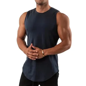 Close-up view of navy blue slim-fit gym tank top for men showing muscular fit