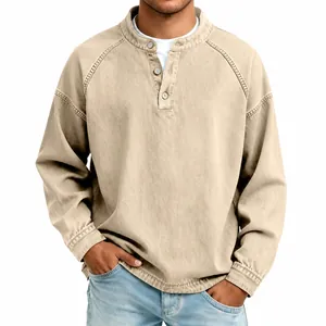 Premium men's vintage washed cotton Henley long sleeve shirt in classic khaki beige