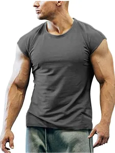 Close-up detail of a muscular male model wearing a dark grey sleeveless fitness t-shirt.
