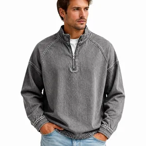 Vintage washed cotton men's quarter-zip long sleeve sweatshirt in charcoal grey style