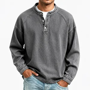 Men's vintage grey washed cotton Henley long sleeve shirt with a rustic distressed finish