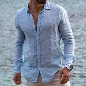 Breathable light blue cotton linen long sleeve shirt for men with turn-down collar
