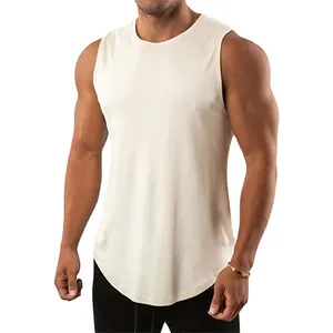Premium slim fit men's workout tank top in white cotton with a stylish curved hem design