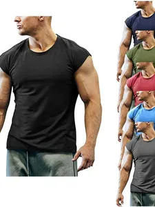 Detailed close-up of men's muscle fit sleeveless t-shirts in various athletic colors