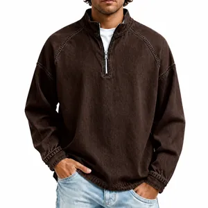 Men's vintage washed cotton 1/4 zip long sleeve pullover top in a dark brown hue