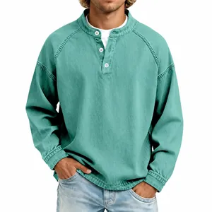 Men's vintage faded cotton Henley shirt with long sleeves in seafoam green color