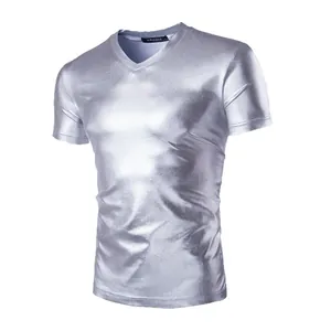 Glanzend metallic zilveren heren T-shirt met V-hals slim fit voor feesten en nachtclubs