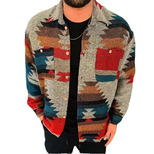 Camisa cárdigan informal de manga larga para hombre con estampado azteca étnico