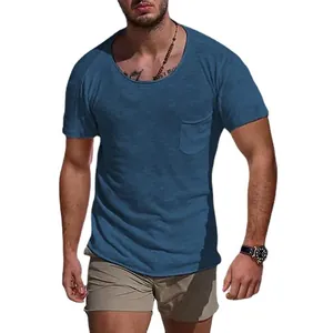 T-shirt bleu pour homme avec poche poitrine et col rond, style d'été à manches courtes