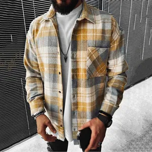 Camisa casual de manga larga para hombre con cuadros amarillos y grises y bolsillo