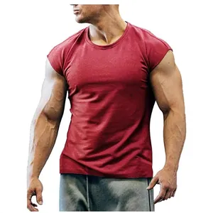 Athletic men's muscle fit sleeveless gym T-shirt in solid burgundy red cotton fabric