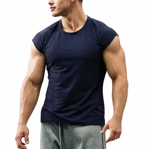 Athletic men's slim fit sleeveless T-shirt in navy blue for fitness and bodybuilding
