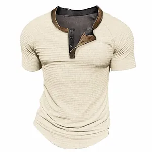 Camiseta Henley Casual de Manga Corta para Hombre Cuello Alto Color Sólido Botón Minimalista Europeo Mezcla de Algodón Poliéster