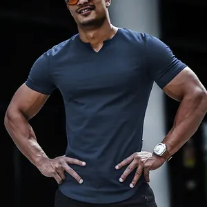 Detailed view of navy blue slim-fit V-neck T-shirt for men featuring high-quality fabric