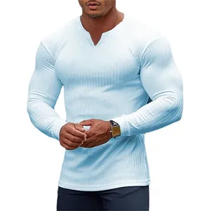 Men's light blue slim fit ribbed cotton long sleeve T-shirt for casual wear