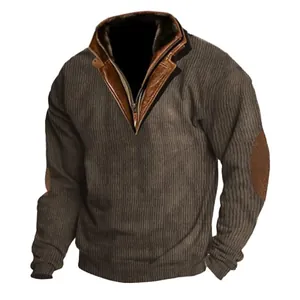 Men's outdoor brown ribbed tactical sweatshirt featuring a leather trim stand collar detail