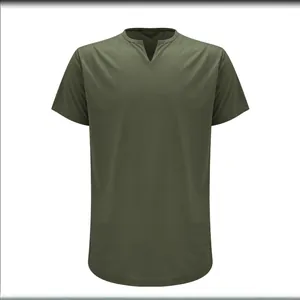Classic men's casual olive green short sleeve T-shirt with V-neck and rounded hemline