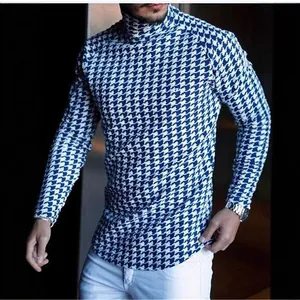 T-shirt da uomo a collo alto a maniche lunghe con raffinato motivo pied de poule blu