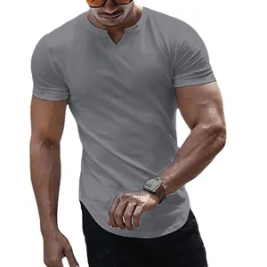 Men's slim fit V-neck casual T-shirt in grey, professional muscular model display.