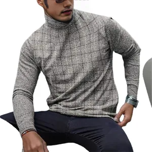 T-shirt da uomo casual slim fit grigia a quadri con collo alto e maniche lunghe